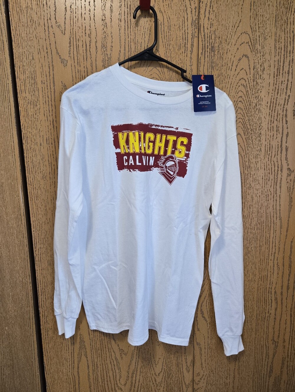 Champion White Long Sleeve Tee with Maroon and Yellow 'Knights Calvin' Graphic